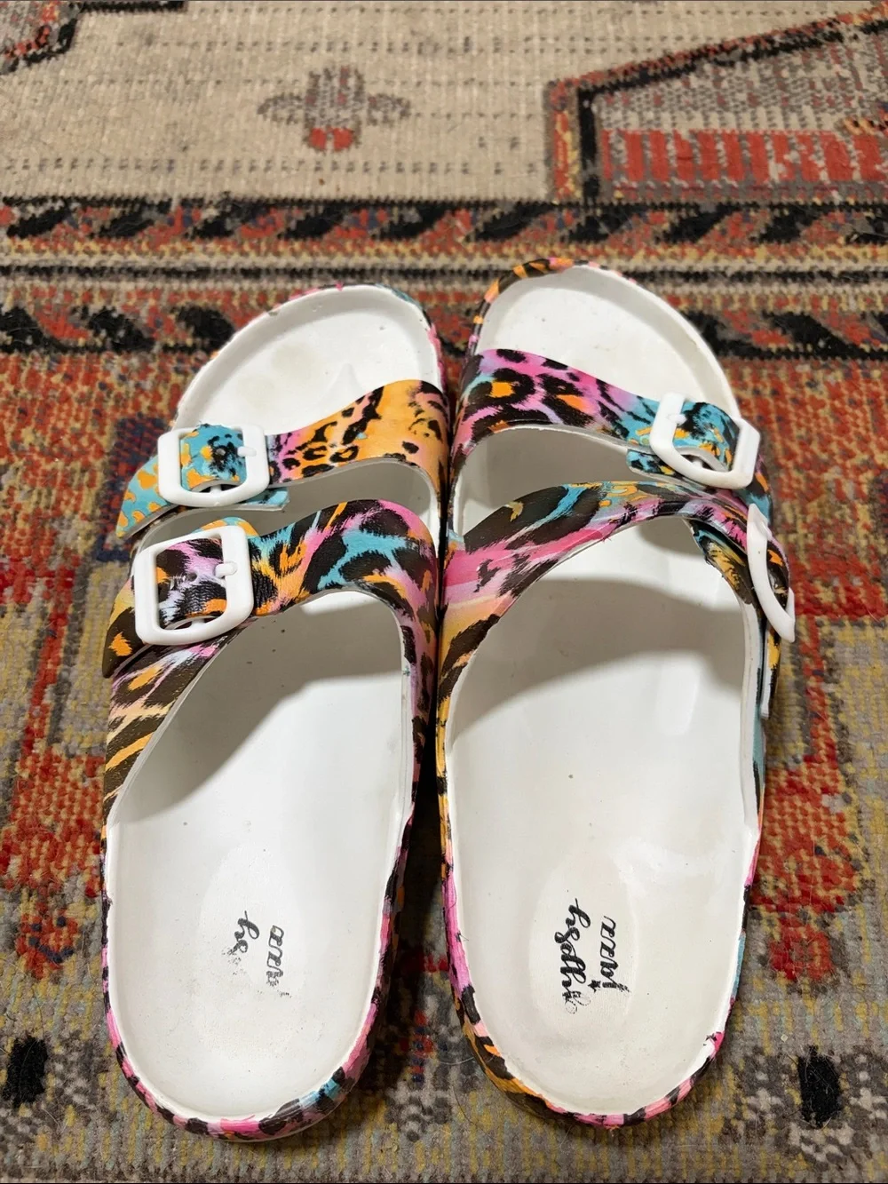 Gypsy Jazz White Footbed Multicolor Leopard Buckle Slide Sandals